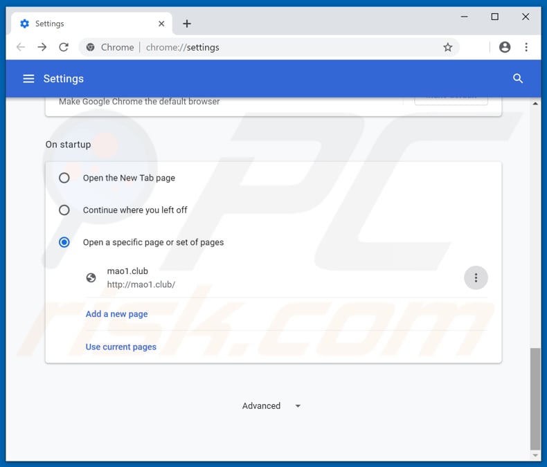 Removing mao1.club from Google Chrome homepage