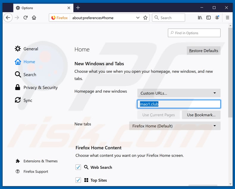 Removing mao1.club from Mozilla Firefox homepage