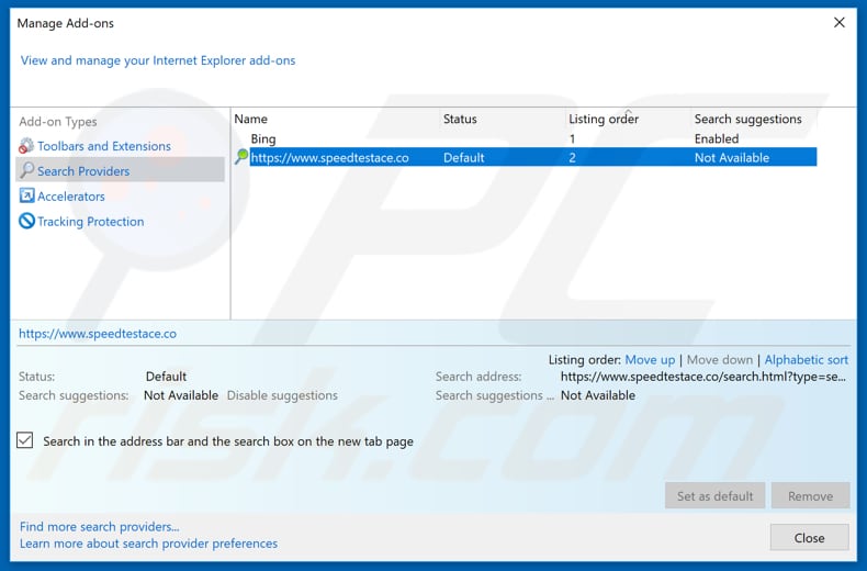 Removing speedtestace.co from Internet Explorer default search engine