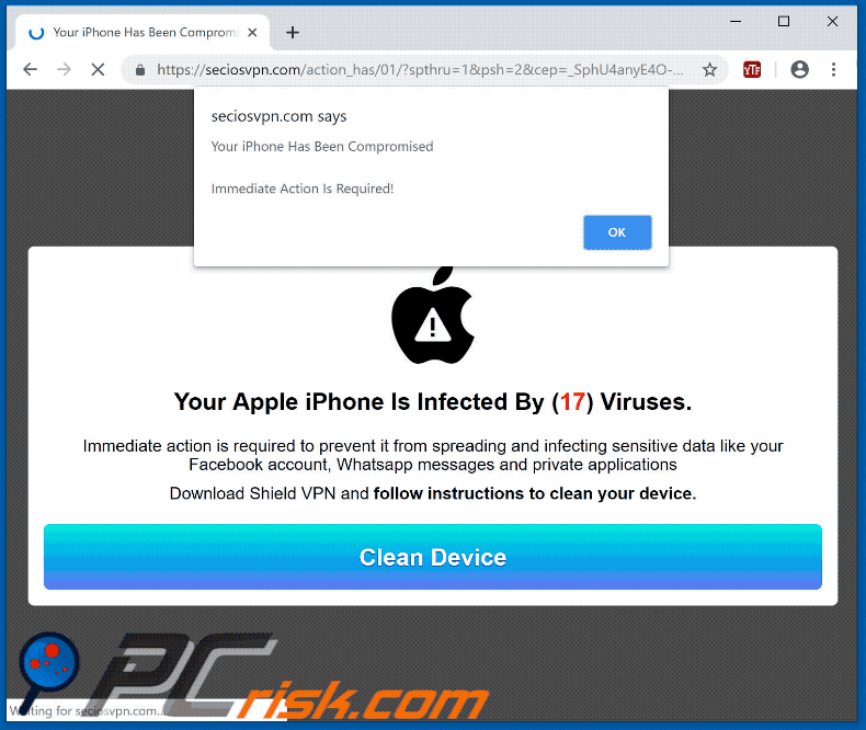 Appearance of Your Apple iPhone Is Infected By (17) Viruses scam (GIF)