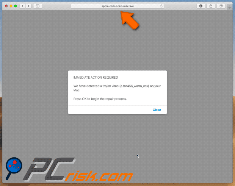 Appearance of apple.com-scan-mac[.]live scam (GIF)