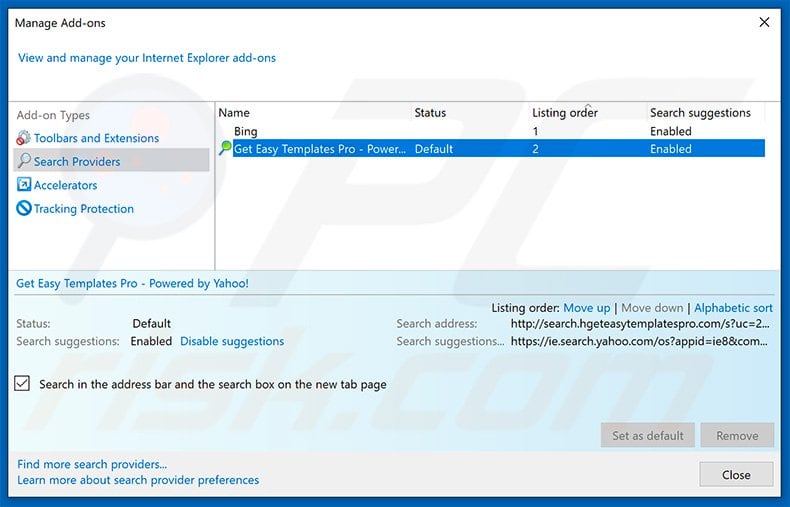 Removing freehdsearch.com from Internet Explorer default search engine