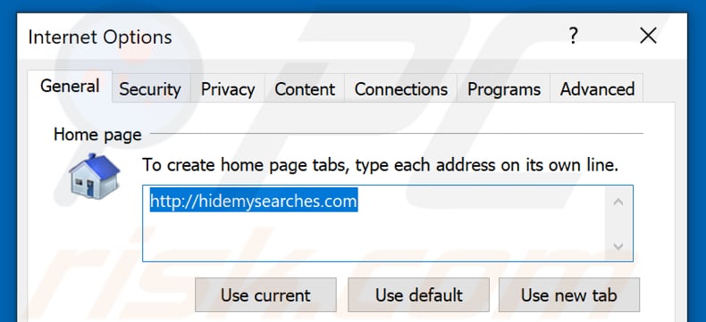 Removing hidemysearches.com from Internet Explorer homepage