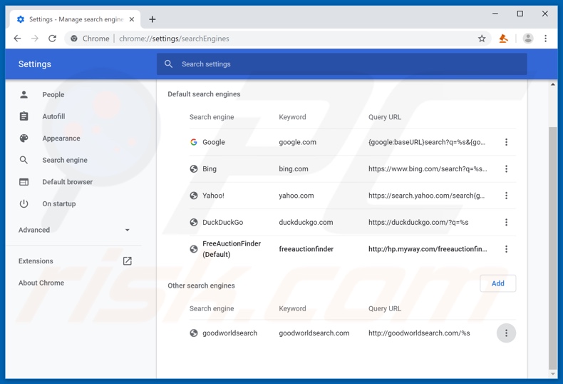 Removing hp.myway.com from Google Chrome default search engine