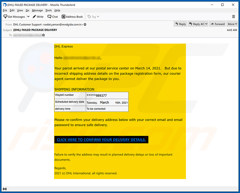 E-mail de spam sur le thème de DHL Express faisant la promotion d'un site de phishing (2021-03-15)