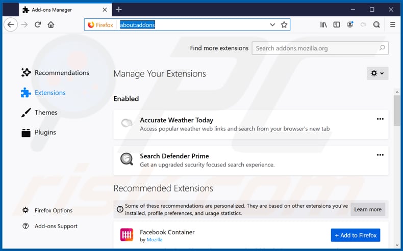Removing accurateweathertoday.com related Mozilla Firefox extensions