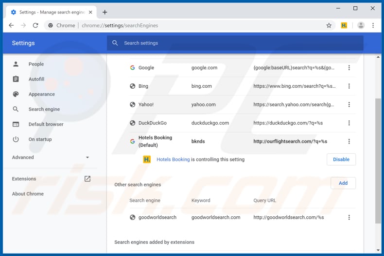 Removing ourflightsearch.com from Google Chrome default search engine