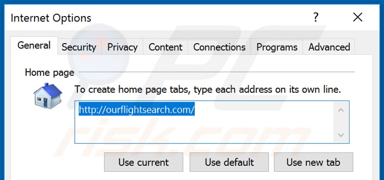 Removing ourflightsearch.com from Internet Explorer homepage