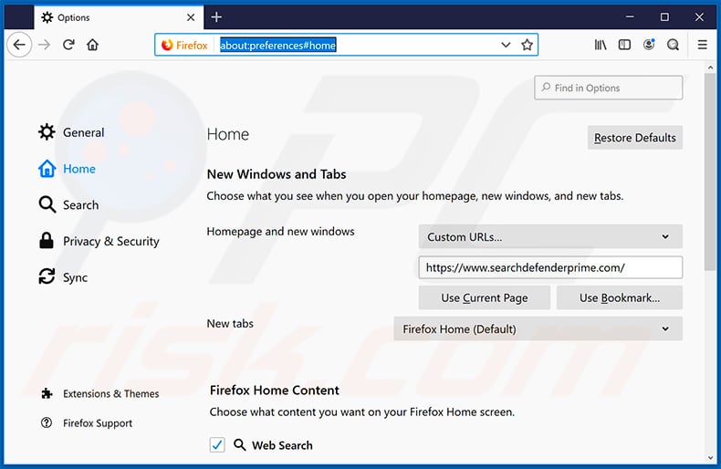 Removing searchdefenderprime.com from Mozilla Firefox homepage