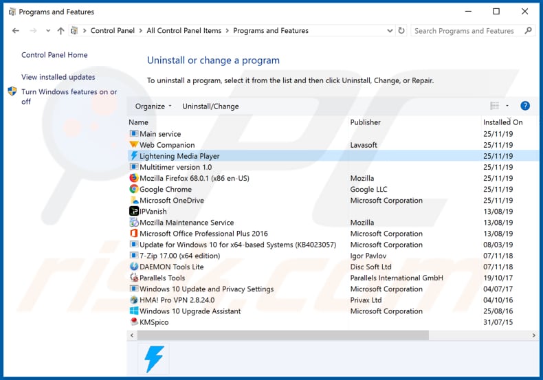 Désinstallation du logiciel publicitaire Lightening Media Player via le panneau de configuration