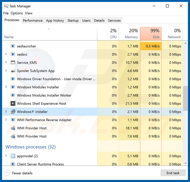 Mispadu processus malveillant nommé Windows installer 