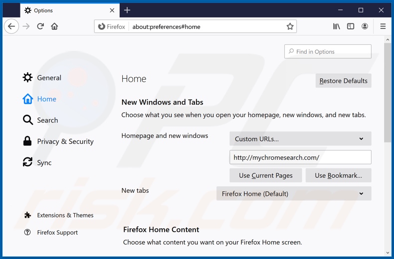 Removing mychromesearch.com from Mozilla Firefox homepage