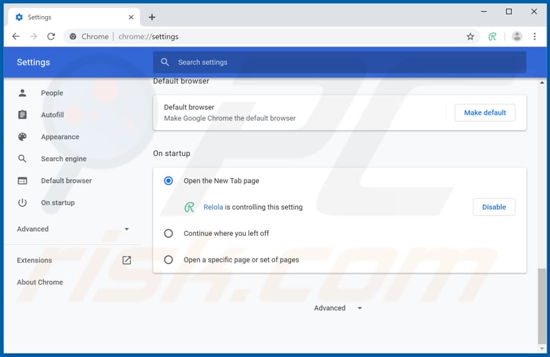 Removing search.relola.com from Google Chrome homepage