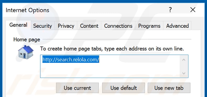 Removing search.relola.com from Internet Explorer homepage