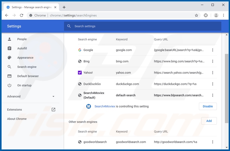 Removing blpsearch.com from Google Chrome default search engine