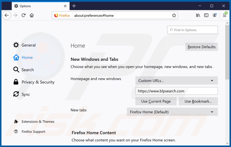 Removing blpsearch.com from Mozilla Firefox homepage