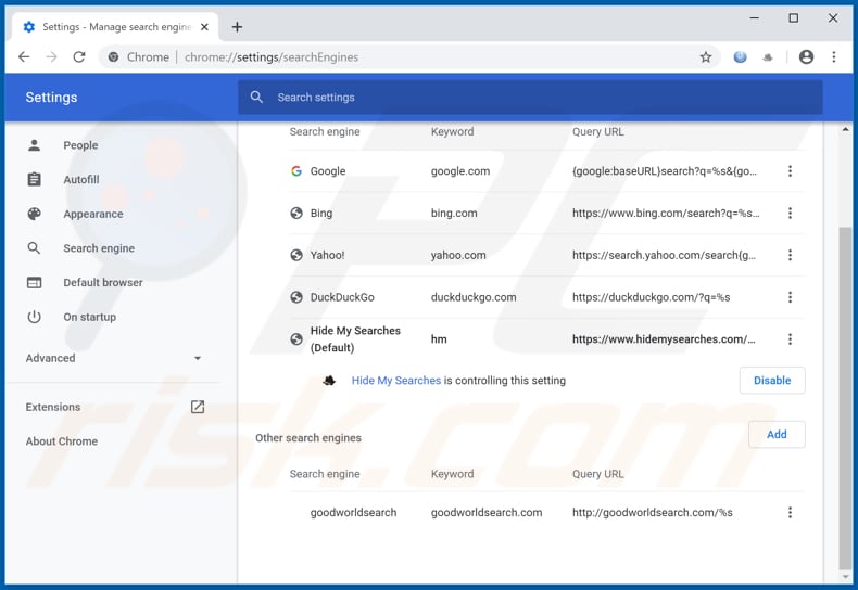 Removing hp.hmyloginhub.co from Google Chrome default search engine