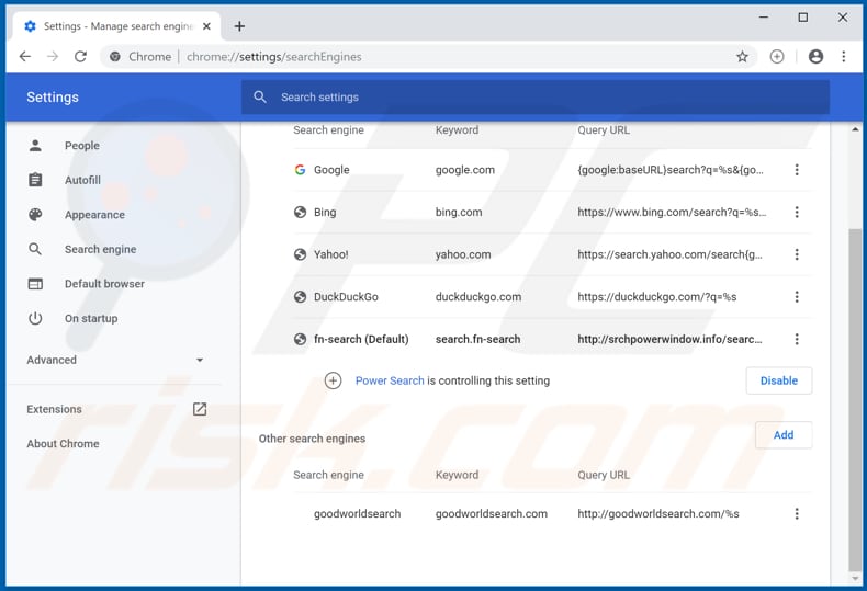 Removing srchpowerwindow.info from Google Chrome default search engine