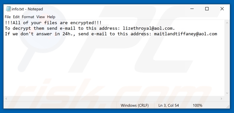 Dever ransomware text file (info.txt)