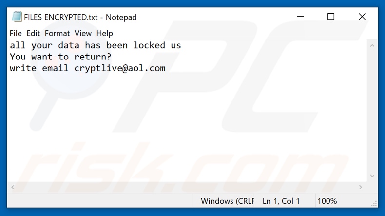 LIVE ransomware text file (FILES ENCRYPTED.txt)