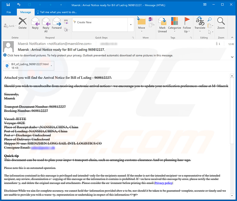 Spam Maersk utilisé pour le phishing