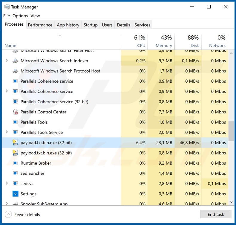 demon payload.txt.bin.exe processus malveillant dans le gestionnaire de tâches