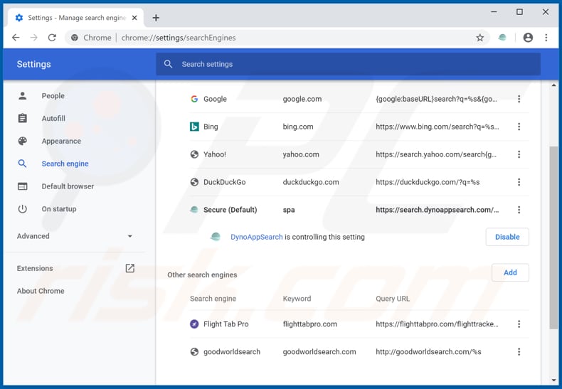 Removing dynoappsearch.com from Google Chrome default search engine
