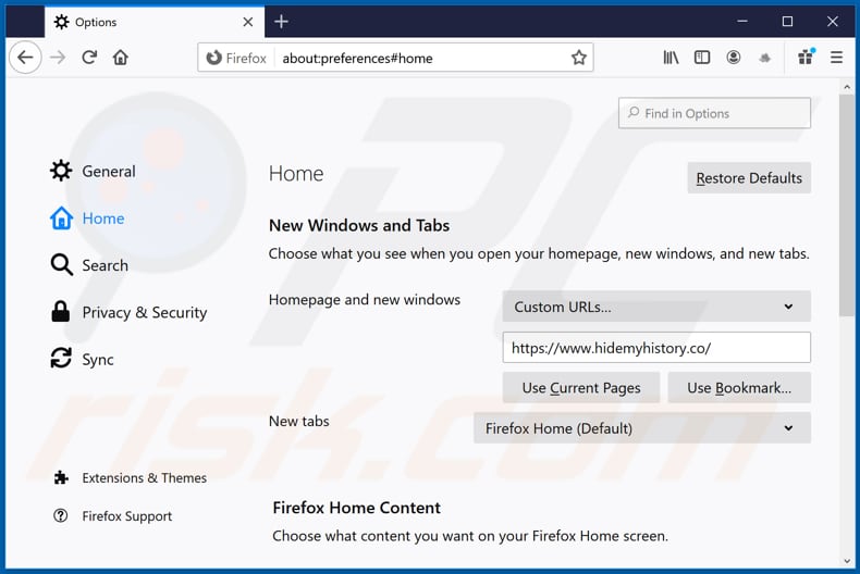 Removing hidemyhistory.co from Mozilla Firefox homepage