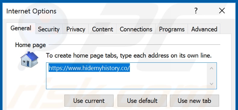 Removing hidemyhistory.co from Internet Explorer homepage