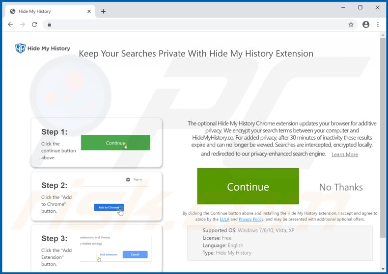 Website used to promote Hide My History browser hijacker