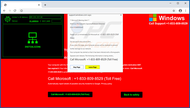 Adresse IP du tueur d'escroquerie contextuelle Alerte d'avertissement Microsoft