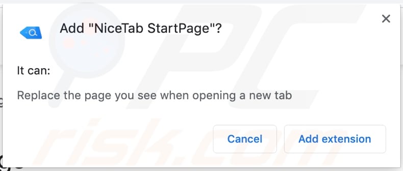 NiceTab StartPage browser hijacker asking for permissions