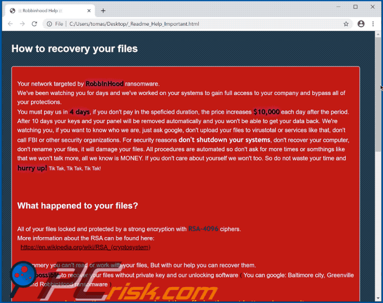 Note de rançon abandonnée par le ransomware RobbinHood mis à jour (GIF)