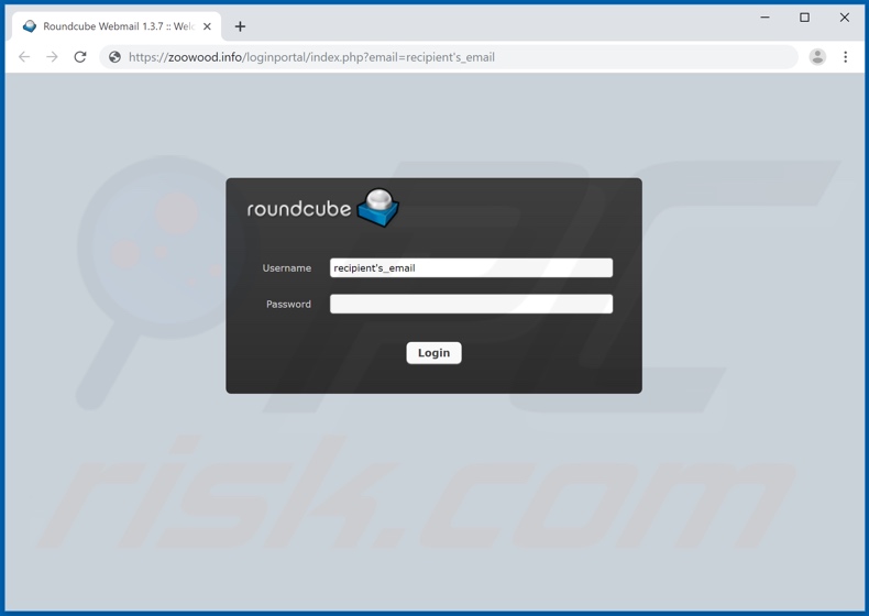 Site Web, le lien dans l'arnaque par courrier électronique Roundcube redirige vers