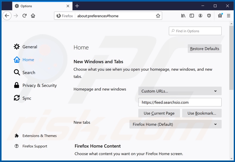 Removing feed.searchsio.com from Mozilla Firefox homepage