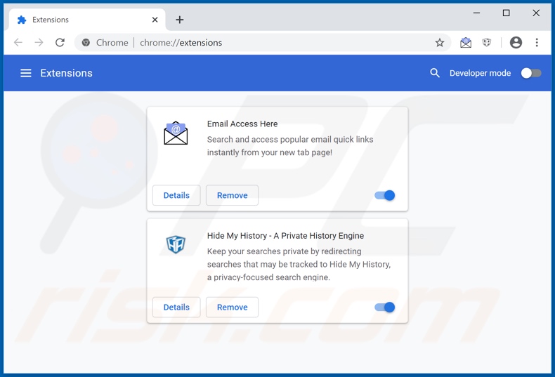 Removing hp.hemailaccesshere.com related Google Chrome extensions