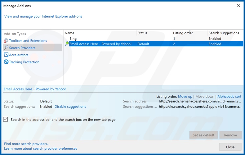 Removing hp.hemailaccesshere.com from Internet Explorer default search engine