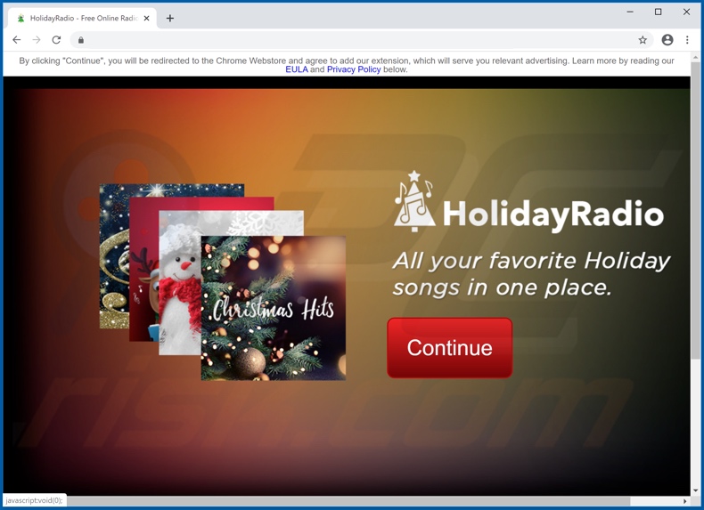 Website promoting Holiday Radio Promos adware