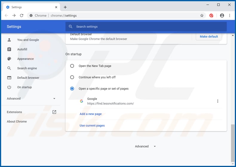 Removing find.lessnotifications.com from Google Chrome homepage