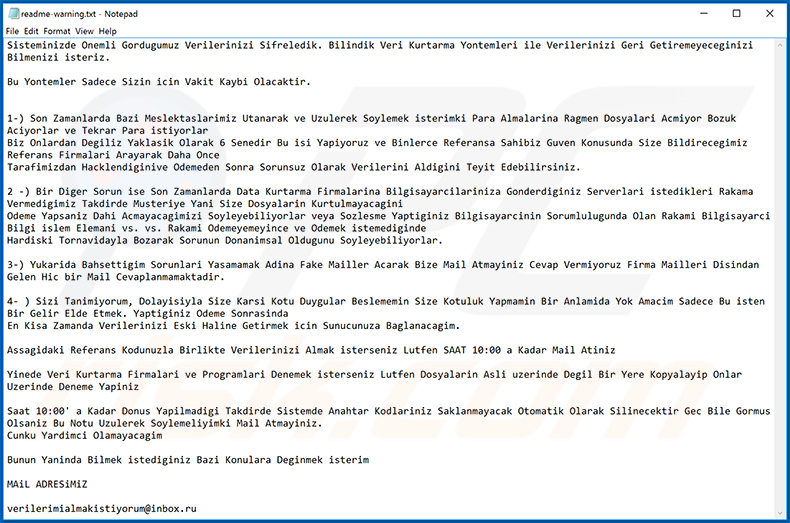 Makop ransomware Turkish ransom note