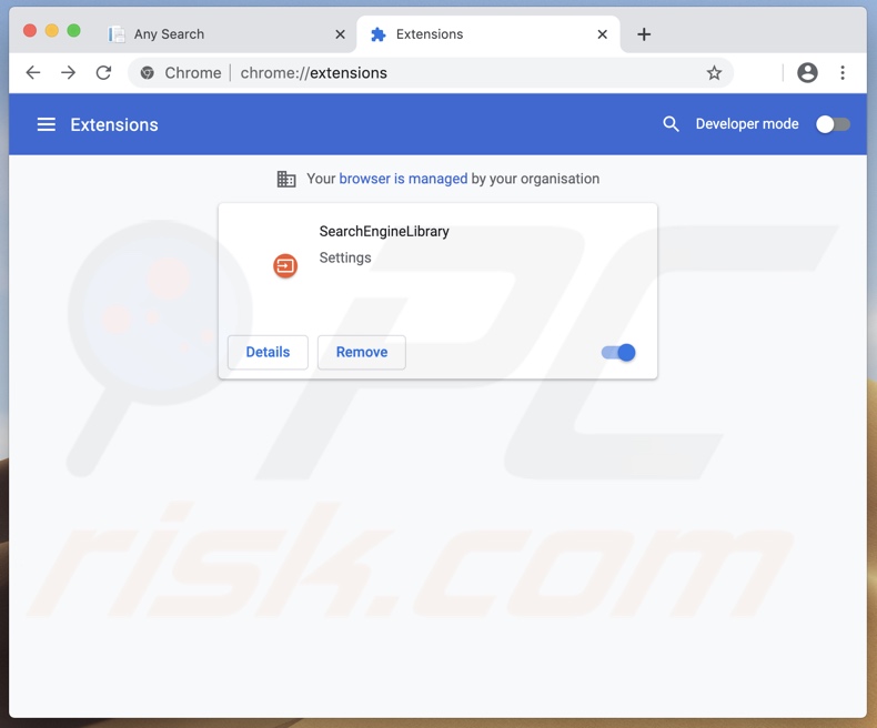 SearchEngineLibrary browser hijacker (search.adjustablesample.com) installed on Chrome
