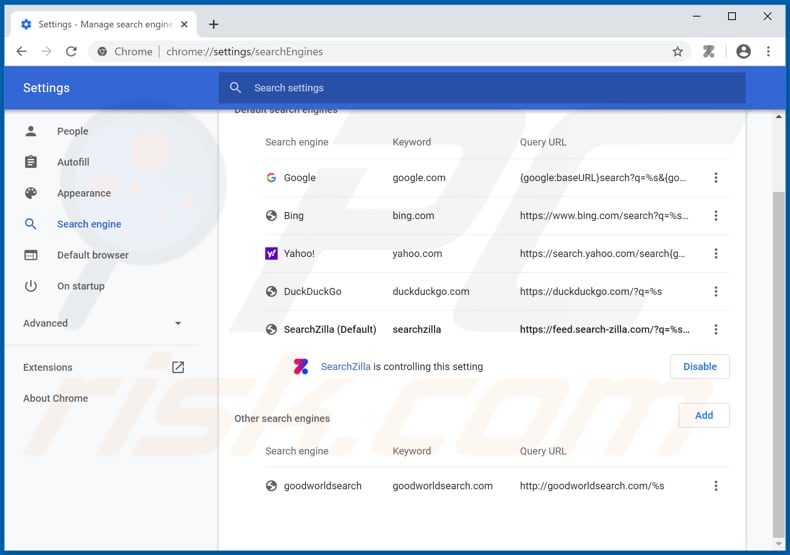 Removing feed.search-zilla.com from Google Chrome default search engine