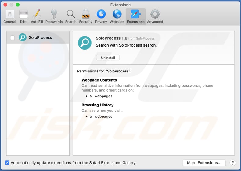 soloprocess adware installed on safari