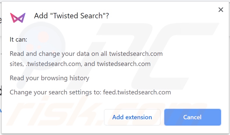 Twisted Search browser hijacker asking for permissions