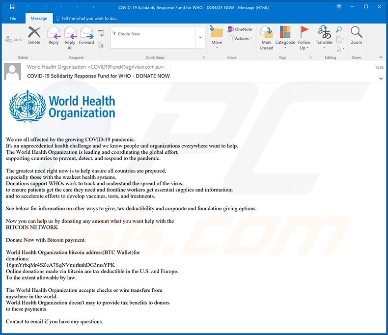 World Health Organization (WHO) Email Virus malware-spreading email spam campaign
