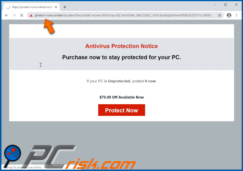 site web protect-now.online faisant la promotion de la suite antivirus McAfee