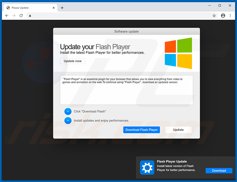 Site Web trompeur faisant la promotion d'un faux programme d'installation d'Adobe Flash Player