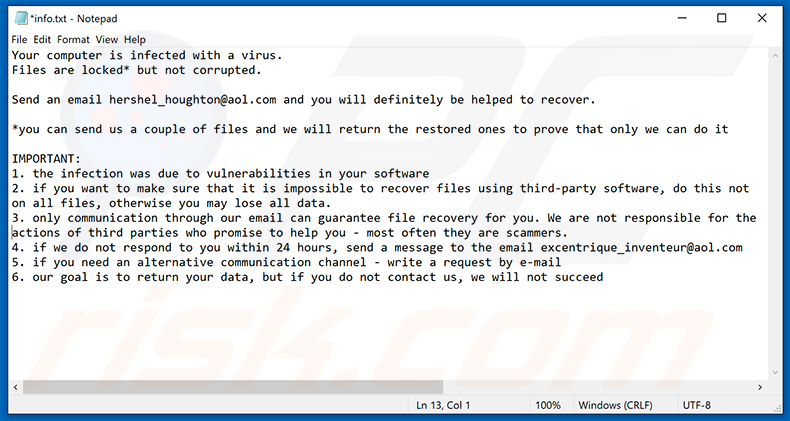 Mise à jour du fichier info.txt de Eight ransomware