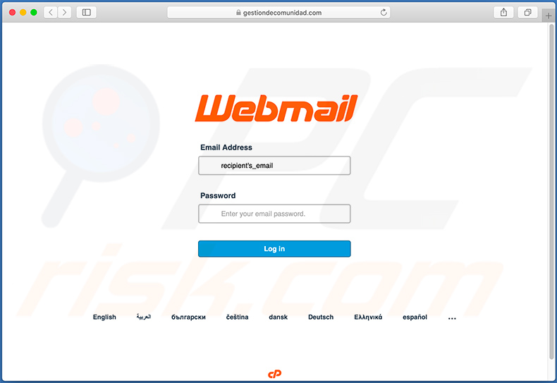 Site Web d'hameçonnage des informations d'identification de messagerie présenté sous forme de page de connexion au Webmail 