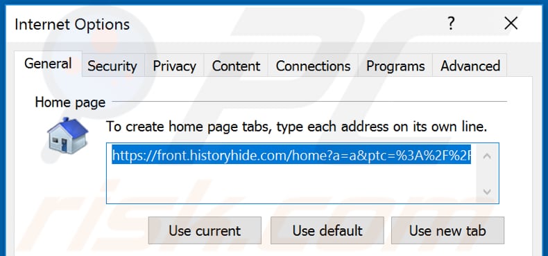 Removing historyhide.com from Internet Explorer homepage